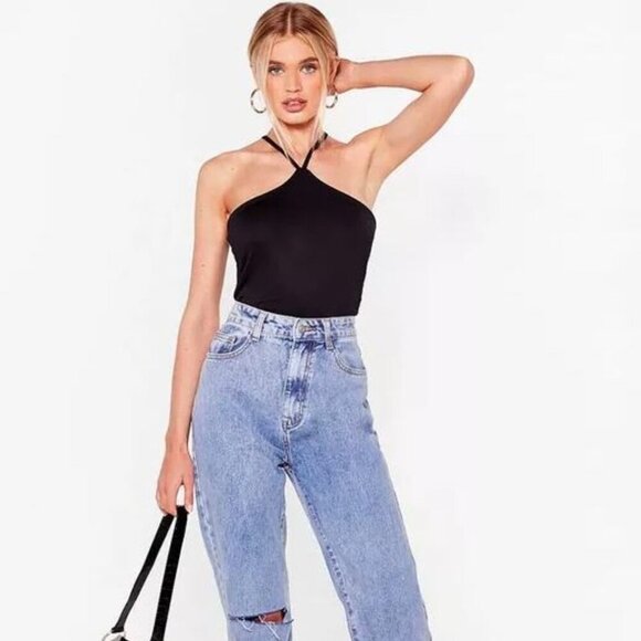 NWT Nasty Gal Black Slinky Cropped Halter Top - Size 10 - Picture 3 of 5